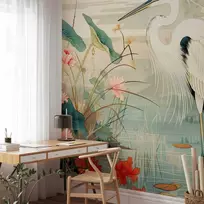 Artgeist Fototapetas - By an Asian pond - an illustration in the style of a Japanese engraving, depicting a heron