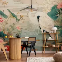 Artgeist Fototapetas - By an Asian pond - an illustration in the style of a Japanese engraving, depicting a heron