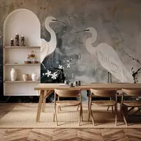 Artgeist Fototapetas - Herons and cherry blossoms - oriental-style illustration depicting birds