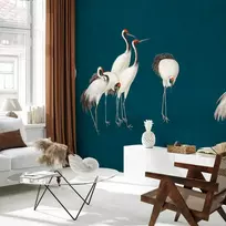 Artgeist Fototapetas - Evening by the pond - a group of cranes drawn in dry pastel on a dark turquoise background