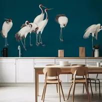 Artgeist Fototapetas - Evening by the pond - a group of cranes drawn in dry pastel on a dark turquoise background