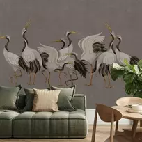 Artgeist Fototapetas - Crane dance – bright silhouettes of birds against a warm pilkas background with texture