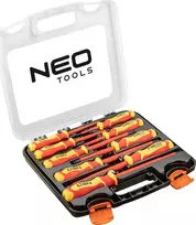 Neo 9 vnt. VDE atsuktuvų rinkinys: 0,6*3*100, 0,8*4*100, 1,0*5,5*125, 1,2*6,5*150, 1,6*8*175, PH0*3*60 mm, PH1*4,5*80 mm, PH2*6*100