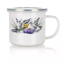 Banquet Banketas Emaliuotas puodelis su plastikiniu dangteliu 0,9 l, levandų paveiksliukas