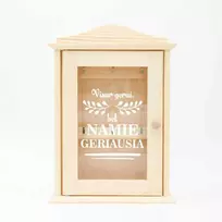 Medinė raktų dėžutė su stiklu "Visur gerai, bet namie geriausia"
