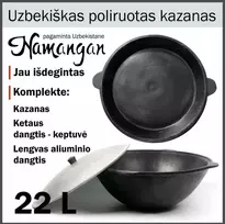 Uzbekiškas poliruotas kazanas 22L (Namangan) su ketaus dangčiu-keptuve | apvalus dugnas