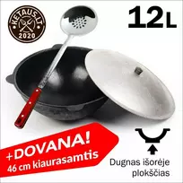Užbekiškas poliruotas kazanas 12L (Namangan) plokščias dugnas su DOVANA — kiaurasamčiu!