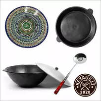 Uzbekiškas poliruotas kazanas 10L (Namangan | plokščias dugnas) +Ketaus dangtis-keptuvė +Leganas 38 cm + 46cm kiaurasamtis