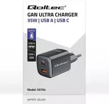 QOLTEC 50764 GaN ULTRA 35W charger / 5-20V / 2.25 3A / 1 x USB type C PD / 1x USB / Juodas