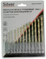 Grąžtas SILVER Grąžtų metalui rinkinys 13d. 1.5-6.5mm su HEX (1/4") su laikikliu