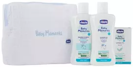 Chicco Baby Moments Mėlyna komlektas vonios skystis 200ml + plaukų šampūnas 200ml + švelnus muilas 100g