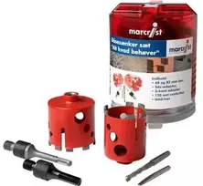 BAIER deimantinių skardinių įgilintuvų rinkinys, 1 vnt. 68 mm grąžtas (FUGA skardinėms), 1 vnt. 82 mm grąžtas (OPUS skardinėms), taip pat adapteriai ir centrinis grąžtas