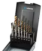 Thurmer Tools HSSE sriegiklis ir grąžtas drožlėms laužti M3-12 - Sriegiklis drožlėms laužti M3-12 su TiN grąžtu, 14 dalių rinkinyje