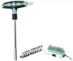 Universalus T formos įrankis su keičiamais atsuktuvų atsuktuvų antgaliais ir raktų galvutėmis, SD-9701M Pro'sKit