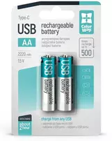 „ColorWay“ įkraunamos AA baterijos 2200mAh / USB-C / 1,5 V / 2 vnt. pakuotėje