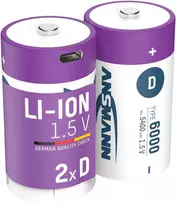 Įkraunamos baterijos D 1.5V 6000mAh (Li-Ion 12Wh) su USB-C lizdu, max iškrovimo srovė 2A, 2vnt įpakavime ANSMANN