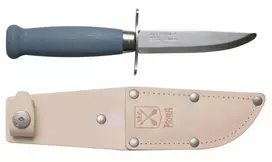 Vaikiškas peilis Morakniv Scout 39 Safe, odinis dėklas, dviguba pirštų apsauga, spalva mėlyna