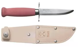 Vaikiškas peilis Morakniv Scout 39 Safe, odinis dėklas, dviguba pirštų apsauga, spalva bordinė