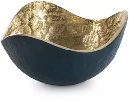 Eurofirany Dekoratyvinis metalinis dubuo, tamsiai mėlynos ir auksinės spalvos, kvadratinė forma, 25x25x13 cm, modernus interjero akcentas, stalo dekoracija