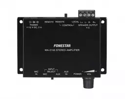 Fonestar WA-2150 – kompaktiškas, D klasės Hi-Fi stereo instaliacinis stiprintuvas, 2 x 15 W RMS @ 4 Ω, 1 linijos įvestis, 1 mikrofono įvestis, suderinamas su sieniniu valdikliu