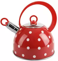 Plieninis virdulys su švilpuku vandeniui virti, raudonas su retro taškeliais, 1,5 l KARIN