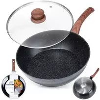 Aliumininė keptuvė su granitine danga ir stiklo dangčiu Vilde Juodas&Wood 28 cm, 3,5 l