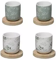 Secret De Gourmet Keraminiai puodeliai su bambukiniais padėkliukais, 4 vnt, 130 ml