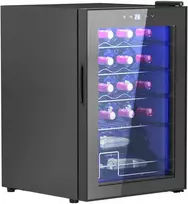 HOMCOM Vyno šaldytuvas 20 butelių 53L 5-18℃ Kompresorinis gėrimų šaldytuvas su anti-UV stiklo durimis, butelių šaldytuvas su LED apšvietimu, mažas vyno šaldytuvas su jutikliniu ekranu, juodas