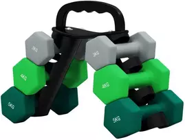 SPORTNOW 6 hantelių rinkinys 2 x 3kg, 2 x 4kg, 2 x 5kg, hantelių rinkinys su stovu, šešiakampių hantelių rinkinys, skirtas jėgos treniruotėms, fitnesui namuose, pilka + žalia + turkio spalva