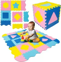 Humbi Mata edukacyjna 120 x 120 cm Kojec Grube Puzzle piankowe 30 x 30 cm Kształty Kolor geltona mėlyna rožinis