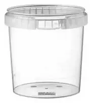 Usorteret Plastikinis kibiras, su rankena užrakinamas, apvalus, Ø 133, aukštis 150 p., skaidrus, dėžutėje 180 rinkinių. Tinka maistui.