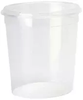 Usorteret Plastikinis kibiras, su rankena užrakinamas, apvalus, Ø 118, aukštis 144 psl., permatomas, dėžutėje 180 rinkinių. Tinka maistui.