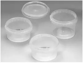 Usorteret Plastikinis kibiras, su rankena užsegamu užraktu, apvalus, Ø 95, aukštis 43 psl., skaidrus, dėžutėje 486 rinkiniai. Tinka maistui.