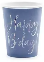 Party Deco Mėlyni popieriniai puodeliai su gimtadieniu, 6 vnt.