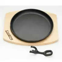 Apvali serviravimo lėkštė, 22 cm, gryno ketaus, su nuimama rankena ir mediniu pagrindu, „Cooking by Heinner“
