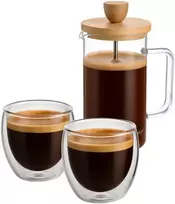 Winder Home Rinkinys: 2 borosilikatinės stiklinės po 250 ml + stūmoklinis kavinukas French Press 350 ml su bambukiniu dangteliu