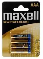 Maxell BAT006M, Vienkartinės baterijos, AAA, Šarminės, 1,5 V, 4 vnt., Juoda, Mėlyna, Geltona