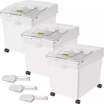Ingredientų dėžė 40 l, miltų laikymo dėžės su ratukais, PP, 3 vnt. rinkinys, balta, su samteliu ir stumdomu dangčiu, komercinės, maisto produktų laikymo talpos