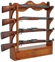Medinis šautuvų laikiklis, sieninis, 4 vietos, šviesiai raudonas, spyna, ginklų saugykla, medinis ginklų stovas, šautuvams