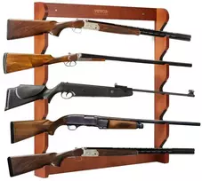 Medinis šautuvų stovas, 5 vietos, sieninis, šviesiai raudonas, ginklų laikiklis, medinis ginklų stovas, šautuvams