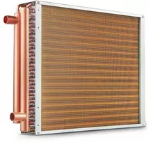 Vandens-oro šilumokaitis, 45.72 x 50.8 cm plokštės plotas, 3 eilių variniai antgaliai, 242 pelekų šilumokaitis