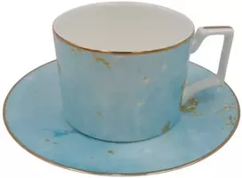 Puodelis su lėkštute, mėlynas su auksiniu dekoru, 275 ml