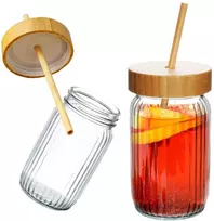 Excellent Houseware Stiklinis gėrimo stiklainis su bambuko dangteliu ir šiaudeliu 500 ml