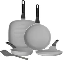 BergHOFF 4 dalių keptuvių rinkinys – Uqonic Downdraft serija su 20/24/26 cm keptuvėmis + blynų keptuve ir nemokamu mentele