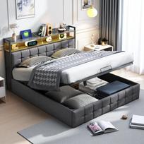 Minkštas lovas 140x190 cm, su hidrauline saugykla ir LED/USB prievadais, miegamojo baldas, pilkas linas