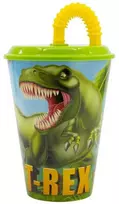 Dinozauro tiranozauro formos plastikinis puodelis su šiaudeliu, 430 ml