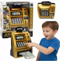 Interaktyvi vaikiška ATM tipo taupyklė–seifas su PIN kodu, aukso–juodos spalvos