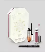 Kiko Milano Snow-Kissed Holiday makiažo dovanų rinkinys: apimties suteikiantis tušas, matiniai arba žvilgantys lūpų dažai ir akių šešėlių pieštukas