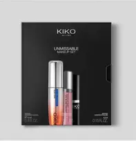 Kiko Milano Unmissable makiažo rinkinys: blakstienų tušas, vandeniui atsparus akių pieštukas ir skysti matiniai lūpų dažai
