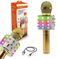 Belaidis karaoke mikrofonas–kolonėlė vaikams su LED apšvietimu, auksinis „Manta“